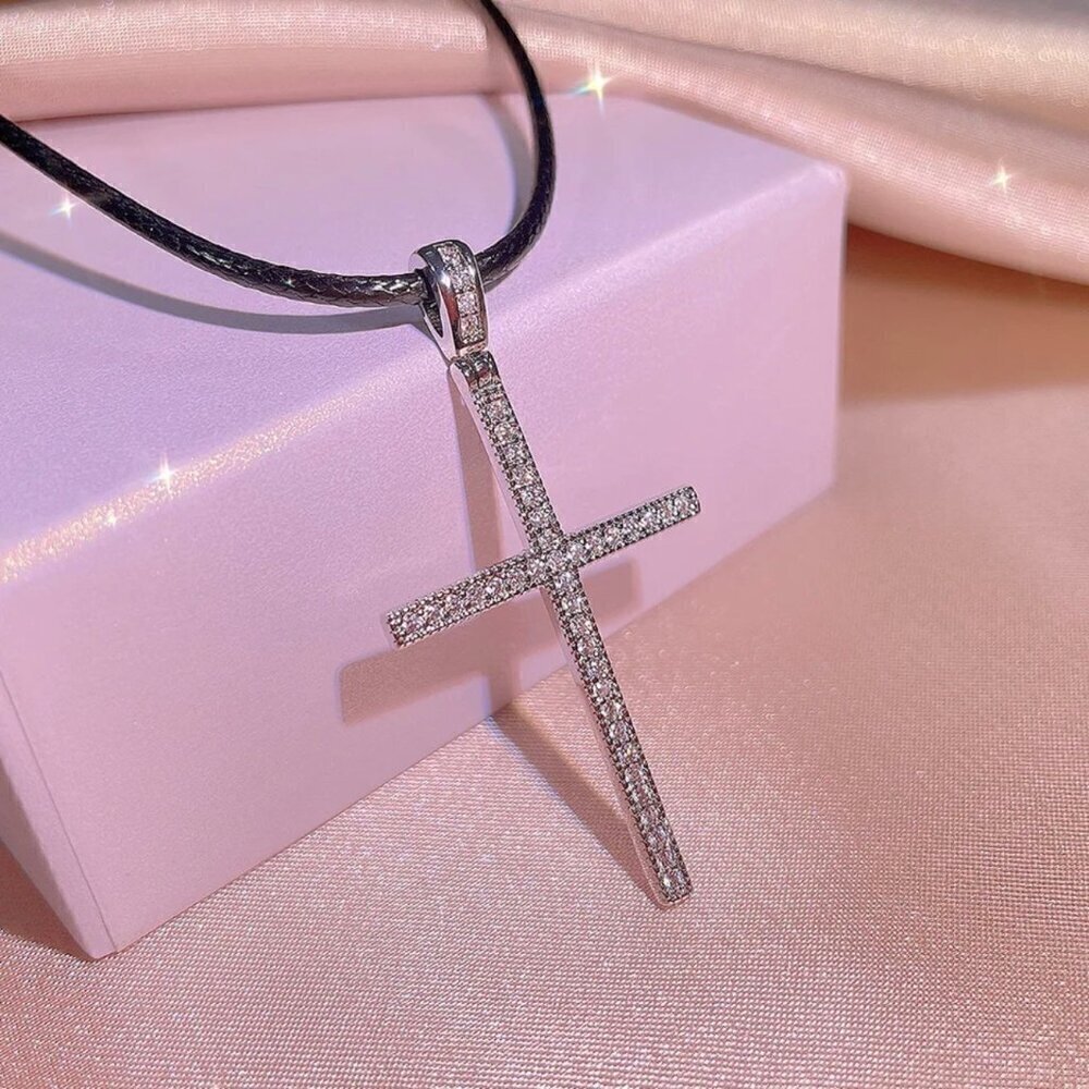 NWT Cross Pendant Necklace S925 Sterling Silver Choker Black Cord CZ Inlaid 17” - Picture 2 of 10